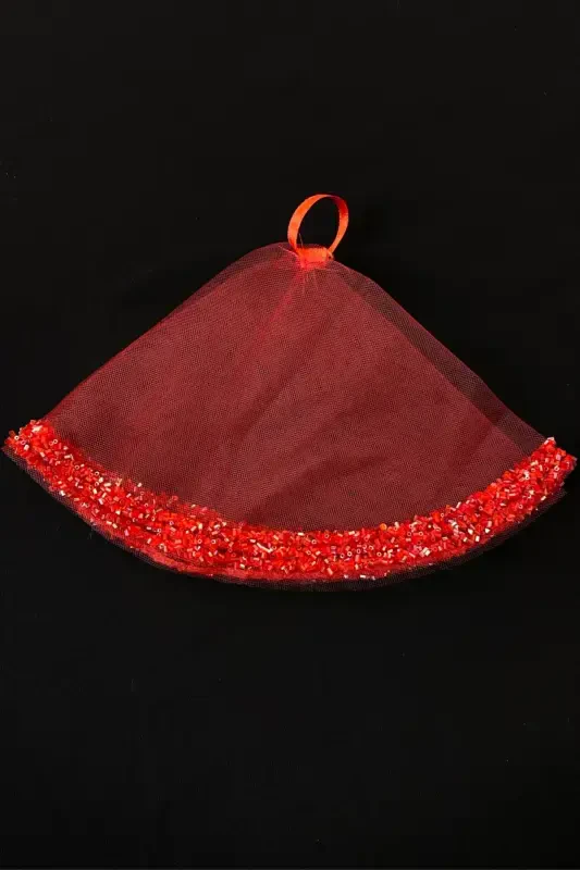 Red Bridal Handkerchief, Wedding Halay Handkerchief, Glass Bead and Sequin Printed Henna Handkerchief-Red - 4