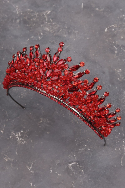 Red Bridal Henna Wedding Crown with Crystal Stone and Bead Decoration - 1