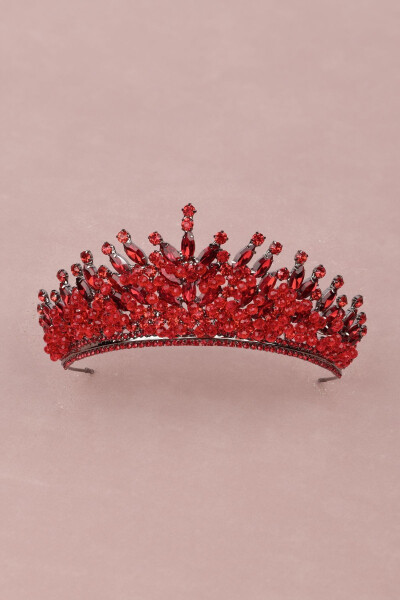 Red Bridal Henna Wedding Crown with Crystal Stone and Bead Decoration - 4