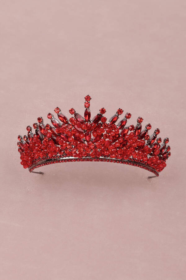 Red Bridal Henna Wedding Crown with Crystal Stone and Bead Decoration - 4