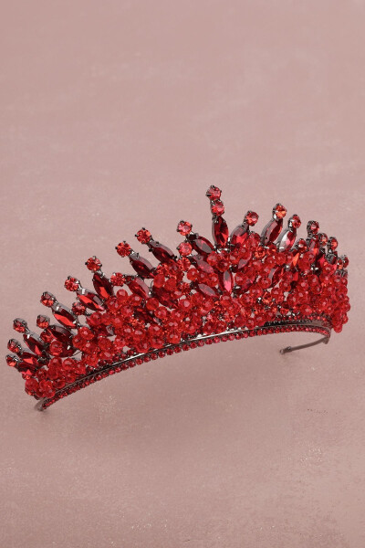 Red Bridal Henna Wedding Crown with Crystal Stone and Bead Decoration - 5