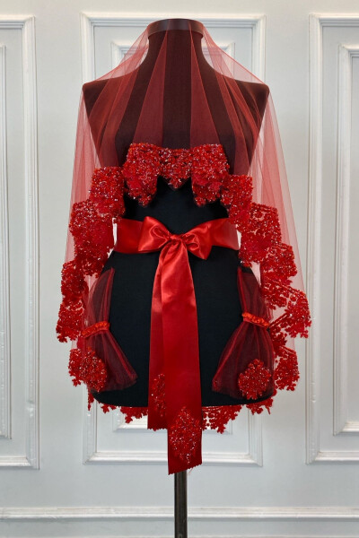 Red Bridal Veil Set, Glass Bead and Sequined Henna Veil Set 6 Pieces - ZEYMERADE (1)