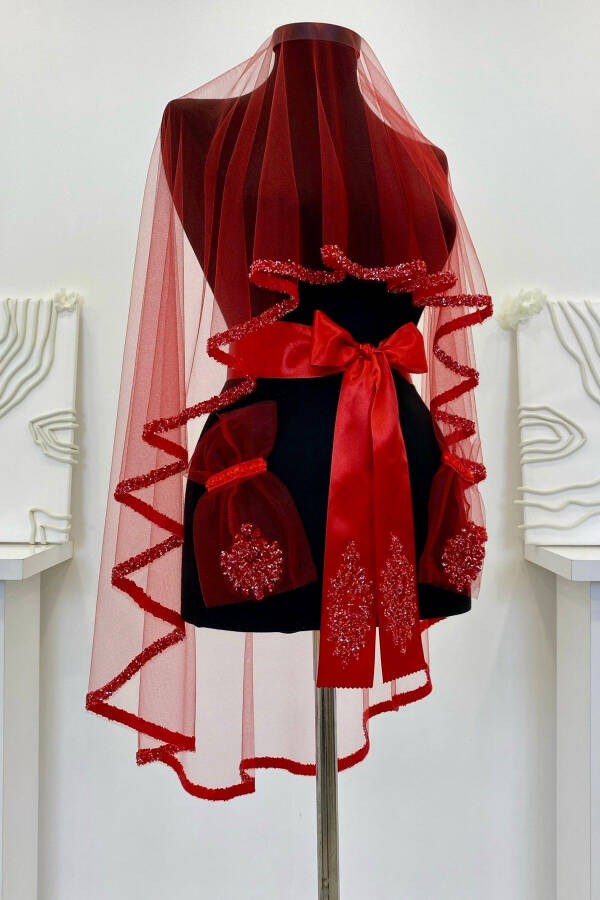 Red Bridal Veil Set, Glass Bead and Sequined Henna Veil Set 6 Pieces - 42