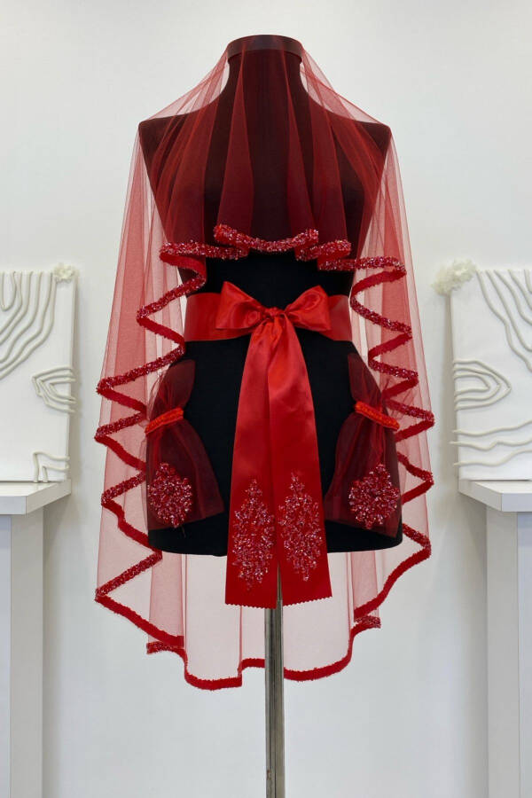 Red Bridal Veil Set, Glass Bead and Sequined Henna Veil Set 6 Pieces - 43