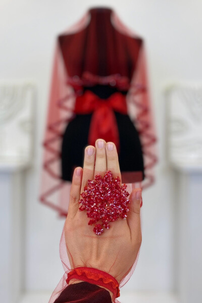 Red Bridal Veil Set, Glass Bead and Sequined Henna Veil Set 6 Pieces - 45