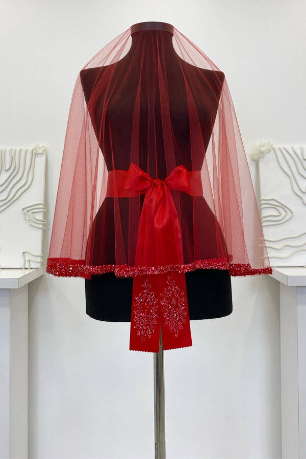 Red Bridal Veil Set, Glass Bead and Sequined Henna Veil Set 6 Pieces - 39