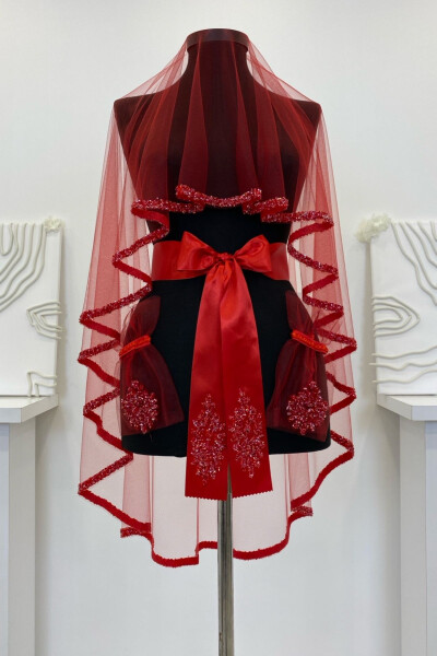 Red Bridal Veil Set, Glass Bead and Sequined Henna Veil Set 6 Pieces - 27