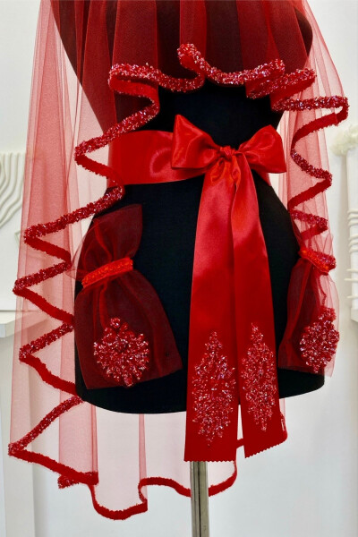 Red Bridal Veil Set, Glass Bead and Sequined Henna Veil Set 6 Pieces - 20