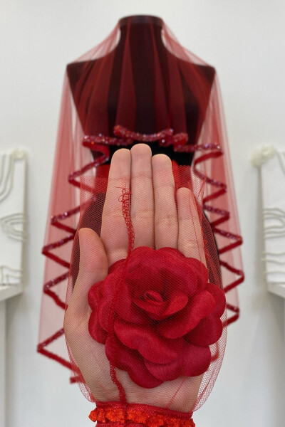 Red Bridal Veil Set, Glass Bead and Sequined Henna Veil Set 6 Pieces - 16