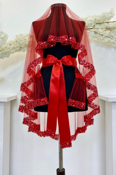Red Bridal Veil Set, Sparkling Crystal Glass Beads, Pearl and Sequined Henna Veil 6 Pieces - 11