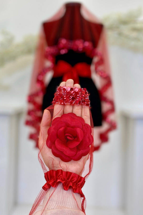 Red Bridal Veil Set, Sparkling Crystal Glass Beads, Pearl and Sequined Henna Veil 6 Pieces - 14