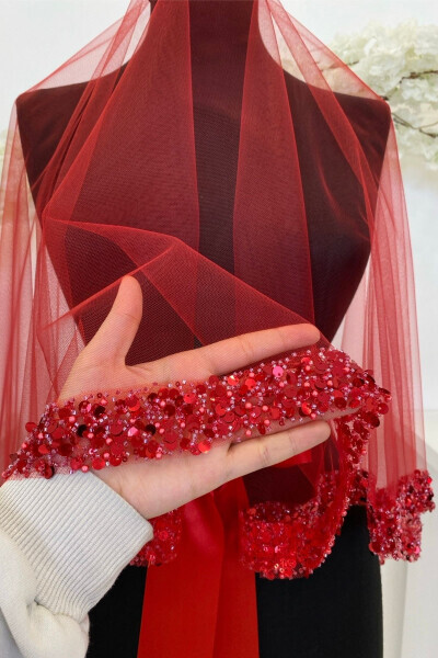 Red Bridal Veil Set, Sparkling Crystal Glass Beads, Pearl and Sequined Henna Veil 6 Pieces - 17