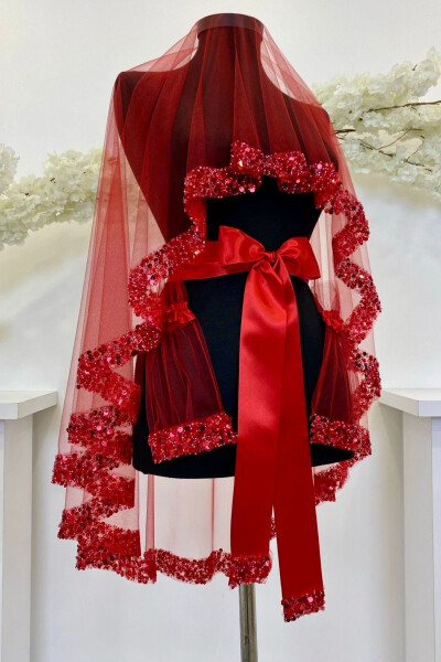 Red Bridal Veil Set, Sparkling Crystal Glass Beads, Pearl and Sequined Henna Veil 6 Pieces - ZEYMERADE