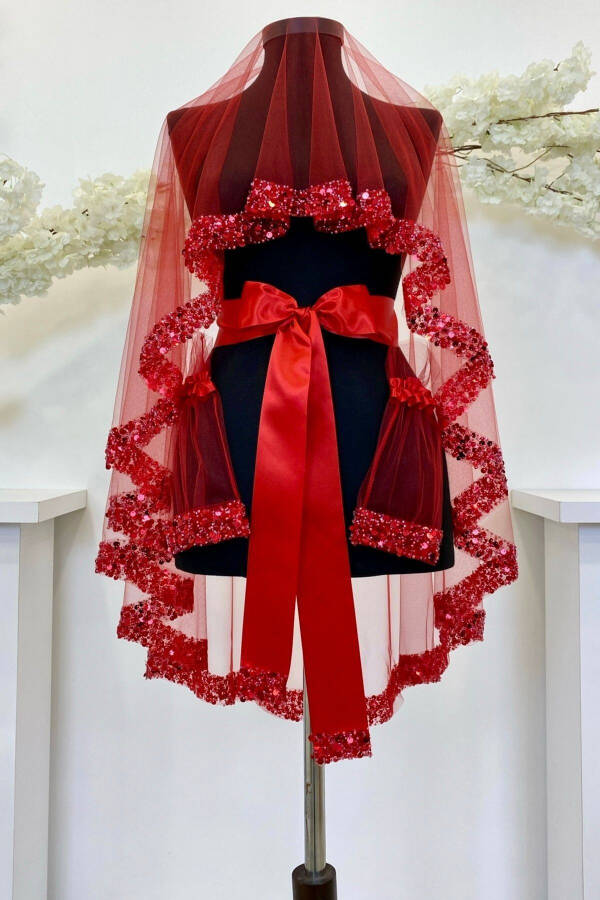 Red Bridal Veil Set, Sparkling Crystal Glass Beads, Pearl and Sequined Henna Veil 6 Pieces - 2