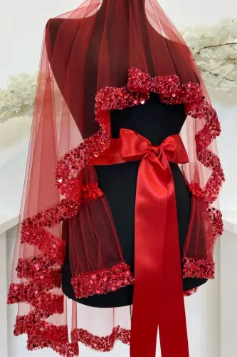 Red Bridal Veil Set, Sparkling Crystal Glass Beads, Pearl and Sequined Henna Veil 6 Pieces - 4