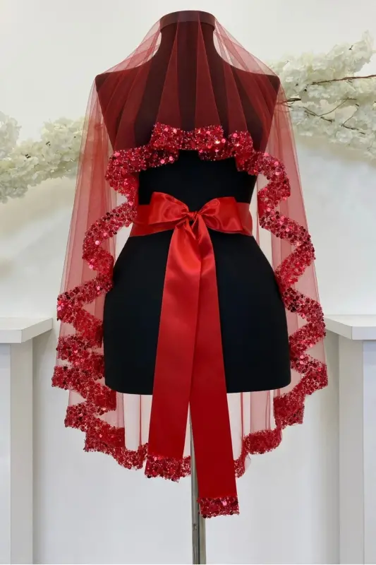 Red Bridal Veil Set, Sparkling Crystal Glass Beads, Pearl and Sequined Henna Veil 6 Pieces - 6