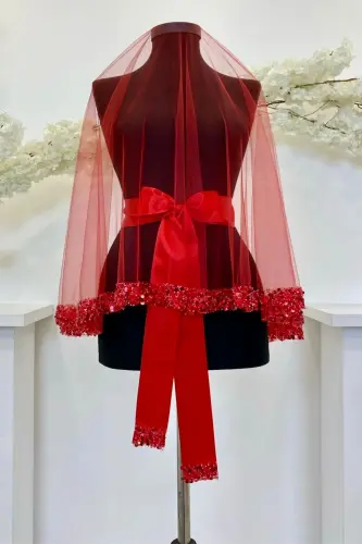 Red Bridal Veil Set, Sparkling Crystal Glass Beads, Pearl and Sequined Henna Veil 6 Pieces - 7