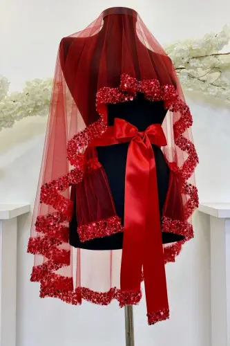 Red Bridal Veil Set, Sparkling Crystal Glass Beads, Pearl and Sequined Henna Veil 6 Pieces 