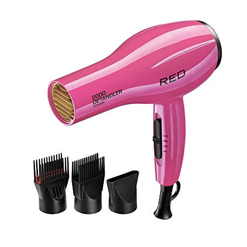 RED by KISS 2000 Ceramic Hair Dryer, Professional Salon Blow Dryer, 2 Detangler Pik Attachments, Tourmaline Technology, 3 Heat Settings, Easy Storage Loop (Pink) - 1