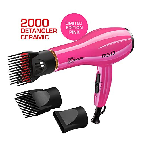 RED by KISS 2000 Ceramic Hair Dryer, Professional Salon Blow Dryer, 2 Detangler Pik Attachments, Tourmaline Technology, 3 Heat Settings, Easy Storage Loop (Pink) - 2