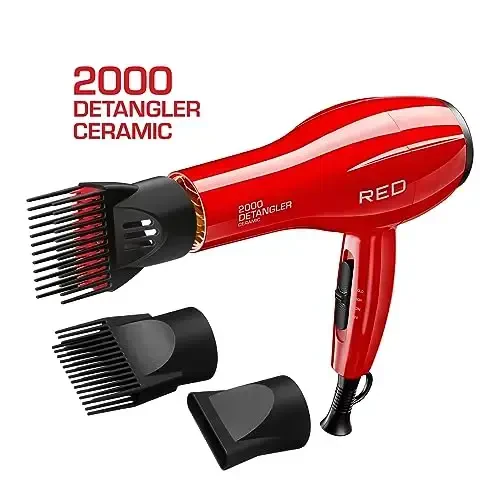 Red by Kiss 2000 Ceramic Hair Dryer, Professional Salon Blow Dryer 3 AttacModazoneents Included, 2 Detangler Piks, 1 Air Concentrator, Lightweight - 3