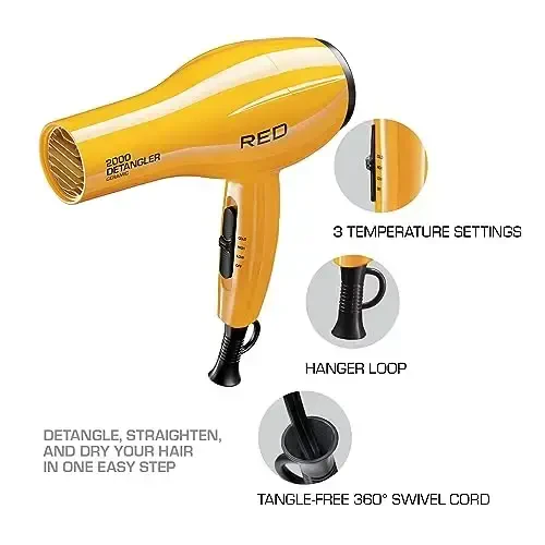 RED by KISS 2000 Ceramic Hair Dryer, Professional Salon Blow Dryer 3 AttacModazoneents Included, 2 Detangler Piks, 1 Air Concentrator (Yellow) - 3