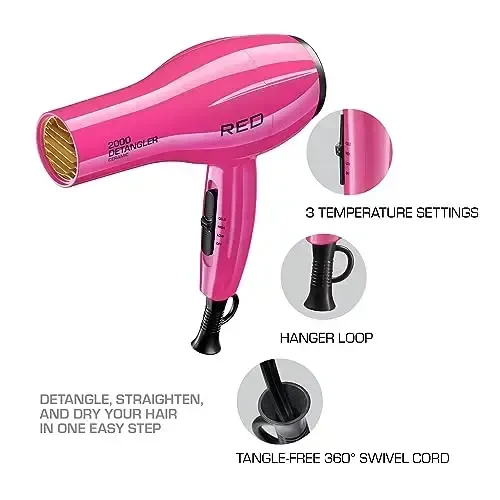 RED by KISS 2000 Ceramic Hair Dryer, Professional Salon Blow Dryer, 2 Detangler Pik AttacModazoneents, Tourmaline Technology, 3 Heat Settings, Easy Storage Loop (Pink) - 3
