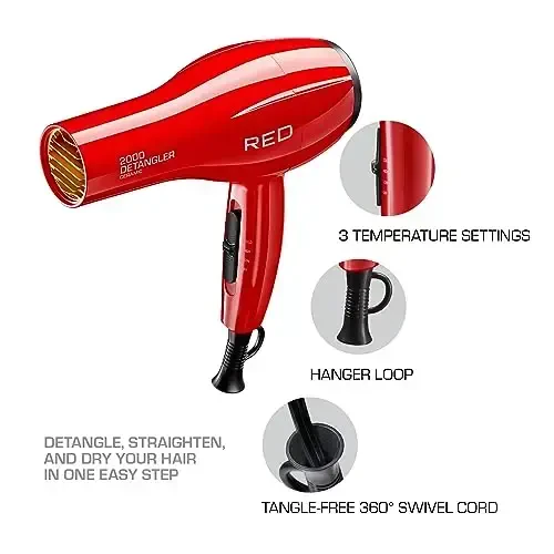 Red by Kiss 2000 Ceramic Hair Dryer, Professional Salon Blow Dryer 3 AttacModazoneents Included, 2 Detangler Piks, 1 Air Concentrator, Lightweight - 4