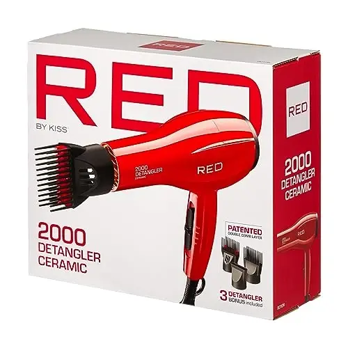 Red by Kiss 2000 Ceramic Hair Dryer, Professional Salon Blow Dryer 3 AttacModazoneents Included, 2 Detangler Piks, 1 Air Concentrator, Lightweight - 6