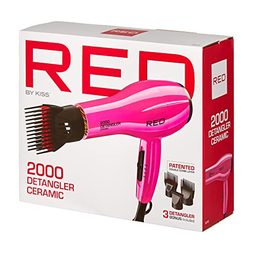 RED by KISS 2000 Seramika Soch Quritgich, Professional Salon Soch Quritgich, 2 ta Tanglesız Pik Qo'shimchalari, Turmalin Texnologiyasi, 3 ta Issiqlik Sozlamalari, Oson Saqlash Halqasi (Pushti) - 6