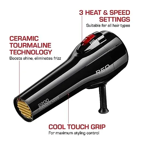 RED by Kiss Handle-Less 2200W Ceramic Tourmaline Hair Dryer, 3 Heat Settings, Pro Blow Dryer with Comb Attachment, Ionic for Frizz-Free Shine, Detangler & Straightening for 4C - 3