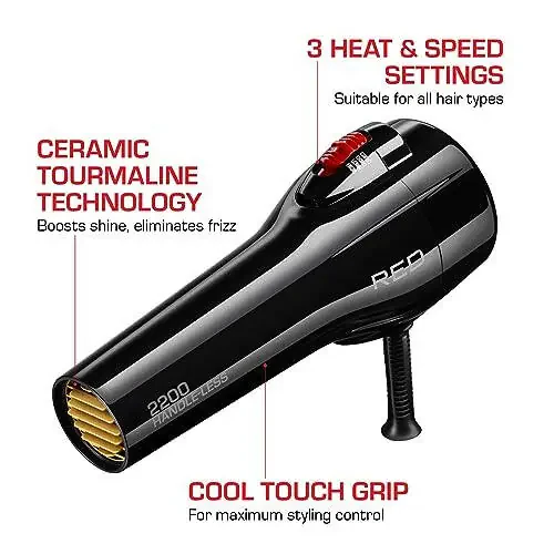 RED by Kiss Handle-Less 2200W Ceramic Tourmaline Hair Dryer, 3 Heat Settings, Pro Blow Dryer with Comb Attachment, Ionic for Frizz-Free Shine, Detangler & Straightening for 4C - 3