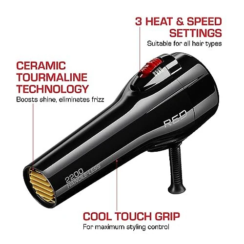 RED by Kiss Handle-Less 2200W керамический турмалиновый фен, 3 режима нагрева, профессиональный фен с насадкой-расческой, ионизация для блеска без пушистости, распутывание и выпрямление для 4C - 3