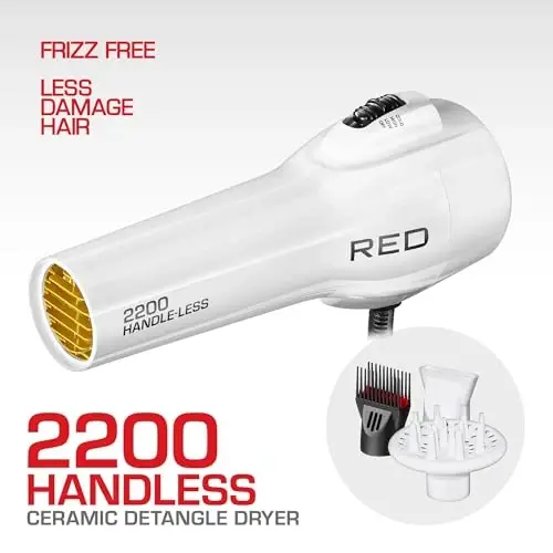 Red by KISS HandleLess Blow Dryer 2200W Ceramic Tourmaline White Color, 3 Heat Settings, Pik and Diffuser Included Comfortable Grip, Ionic for Frizz-Free Shine, Detangler & Straightening - RED (1)