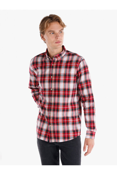 Red checkered, long-sleeved, regular fit men's shirt - 1