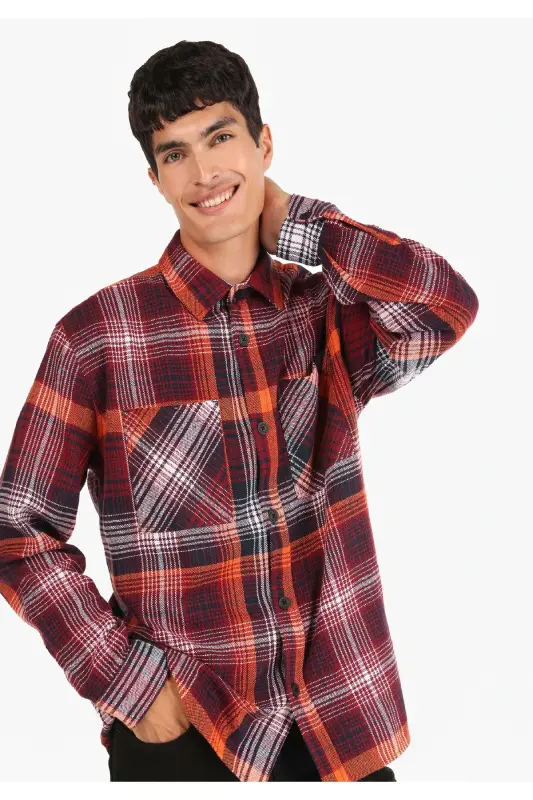Red checkered, long-sleeved, regular fit men's shirt - 1
