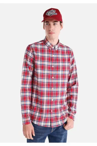 Red checkered slim fit long sleeve men's shirt - 1