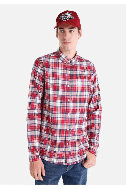 Red checkered slim fit long sleeve men's shirt - 1