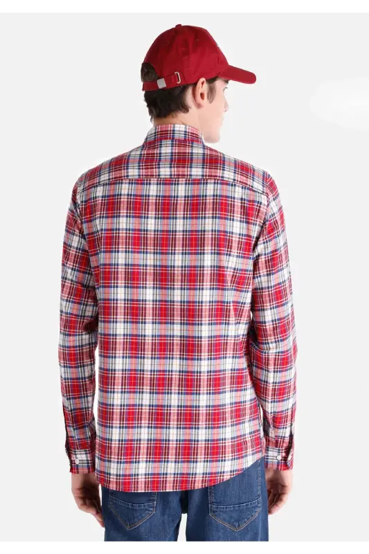 Red checkered slim fit long sleeve men's shirt - 2