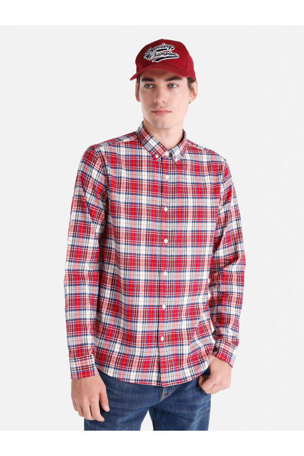 Red checkered slim fit long sleeve men's shirt - 1