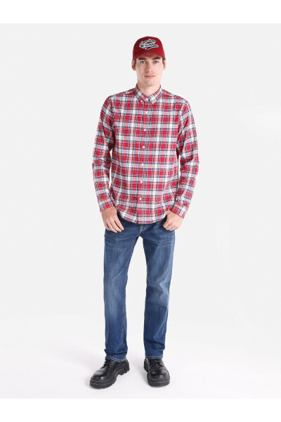 Red checkered slim fit long sleeve men's shirt - 3