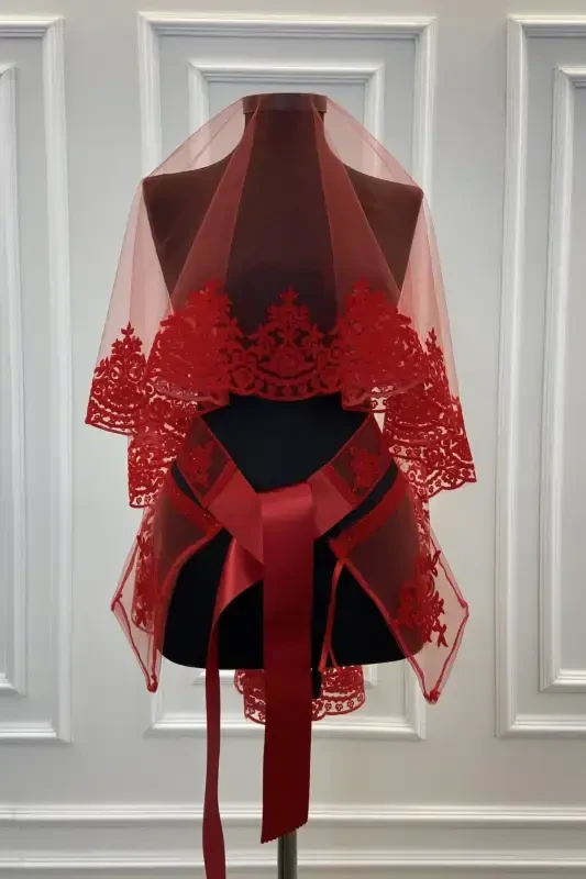 Red Classic Pattern Flock Print Glitter Bridal Veil Sash Glove Set-FLOKLASİKKIRMIZI - 1