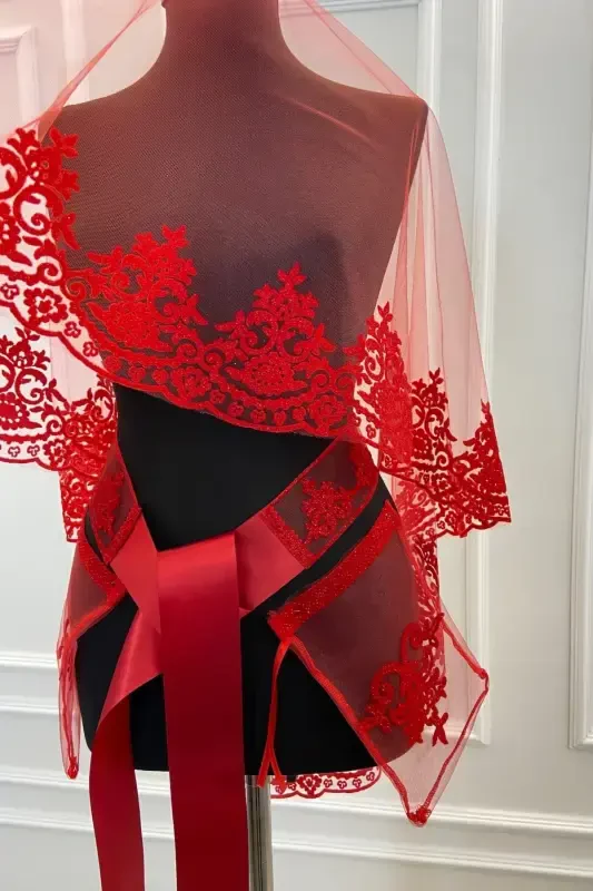 Red Classic Pattern Flock Print Glitter Bridal Veil Sash Glove Set-FLOKLASİKKIRMIZI - 2