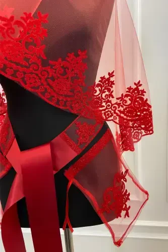 Red Classic Pattern Flock Print Glitter Bridal Veil Sash Glove Set-FLOKLASİKKIRMIZI - 3