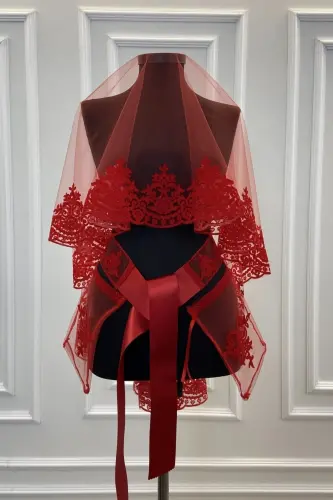 Red Classic Pattern Flock Print Glitter Bridal Veil Sash Glove Set-FLOKLASİKKIRMIZI 
