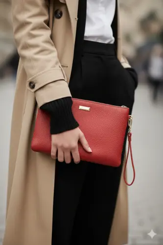 Red Clutch Bag with Red Metal Hardware and Wrist Strap 