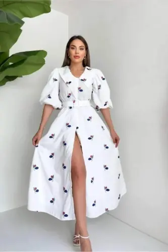 Red Collar Dress with Floral Patterned Belt - 1