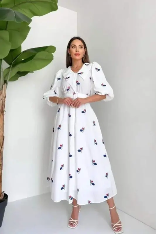 Red Collar Dress with Floral Patterned Belt - 2