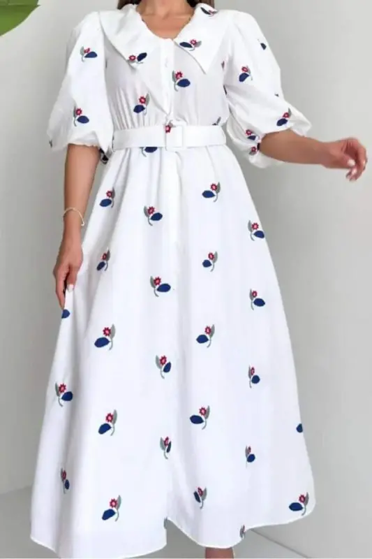 Red Collar Dress with Floral Patterned Belt - 4