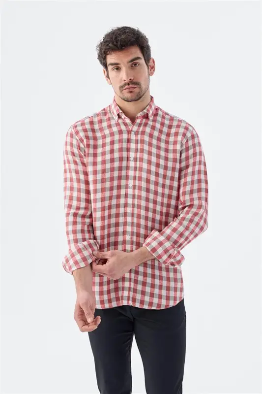 Red Comfort Fit Checked 100% Linen Shirt - 1